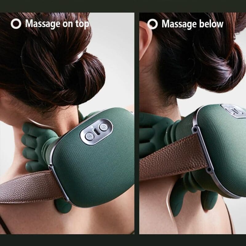 working Woman using green handheld electric massager on neck and shoulder for stress pain relief