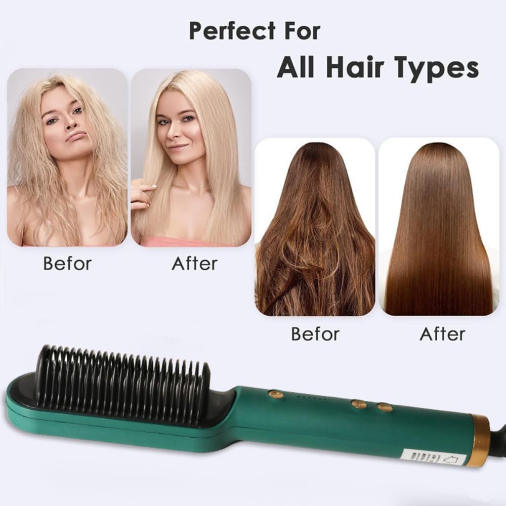 Hair Straightening Comb |  Electric Straightener Brush | Best for Curly Hairs ( Green )
